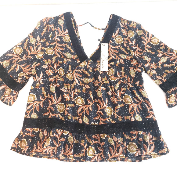 NEW!! Les Serein Women Size S BOHO Floral Peasant 3/4 Sleeve Blouse Top Navy - Picture 11 of 15